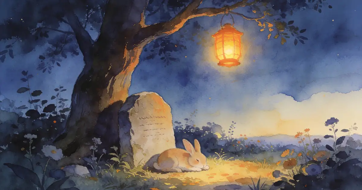 Illustration of a stone marker under a tree in a twilight garden with a resting rabbit and a glowing lantern