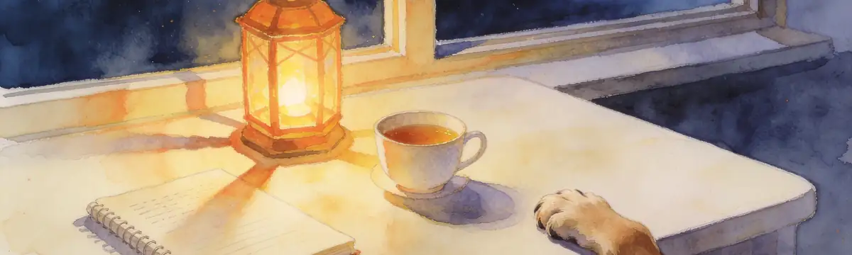 Illustration of a notebook, a cup of tea and a glowing lantern on a table by a window, with a dog's paw at the edge