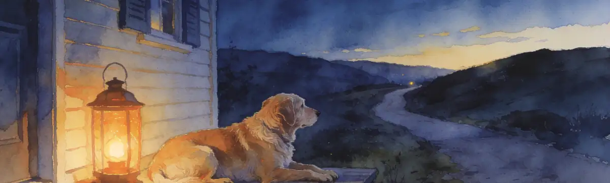 Illustration of an older dog resting on a porch beside a lantern, looking toward a twilight path and hills