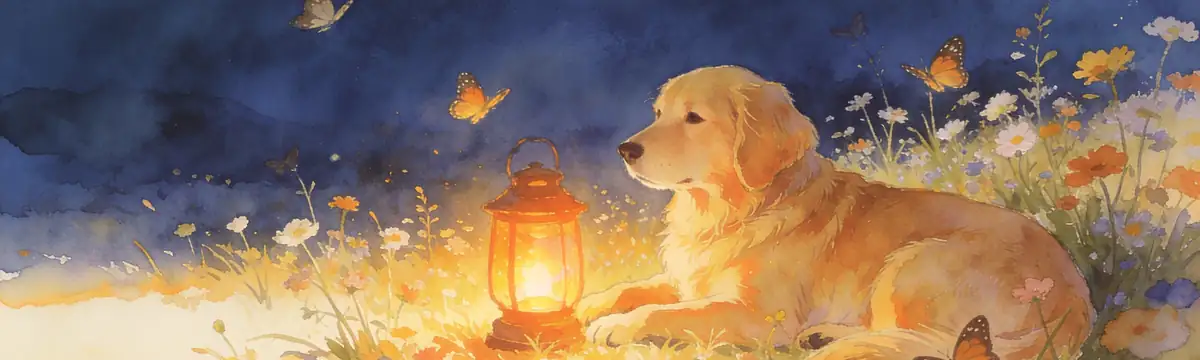 Illustration of a golden dog resting in a sunlit wildflower meadow beside a small lantern, with butterflies