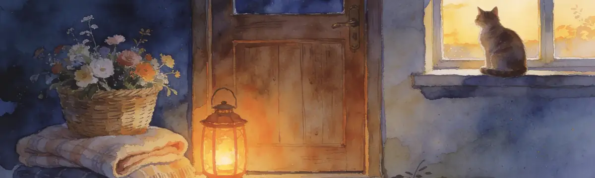Illustration of a basket of flowers, a folded blanket and a glowing lantern on a doorstep, with a cat watching from the window