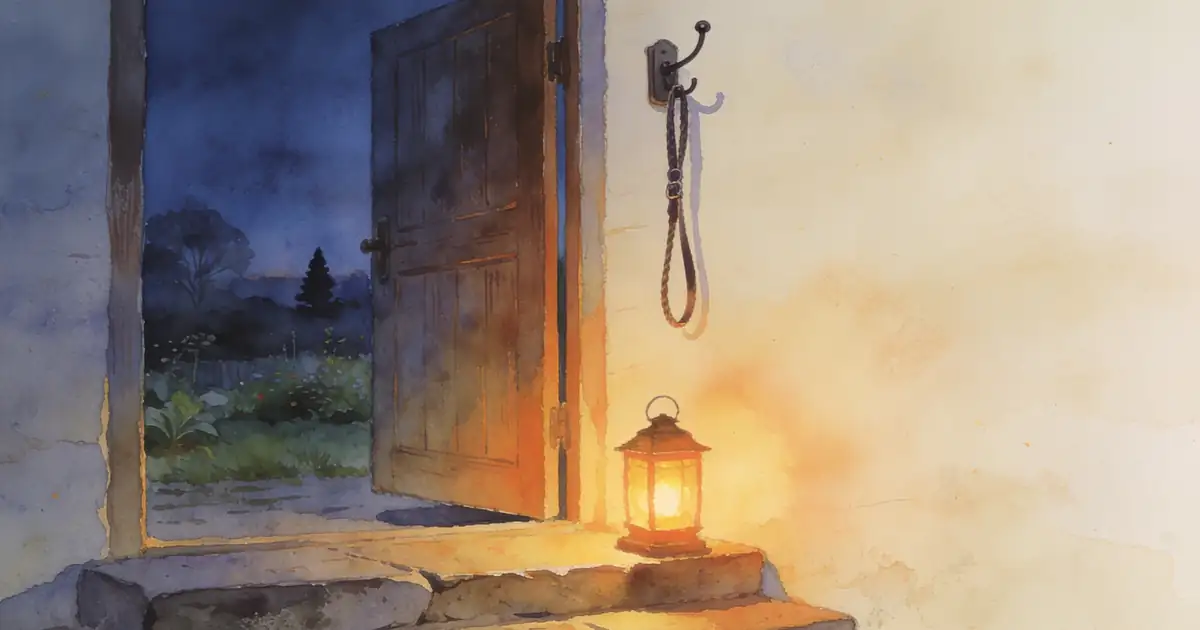 Illustration of a half-open door at dusk with a leash on a hook and a glowing lantern on the step