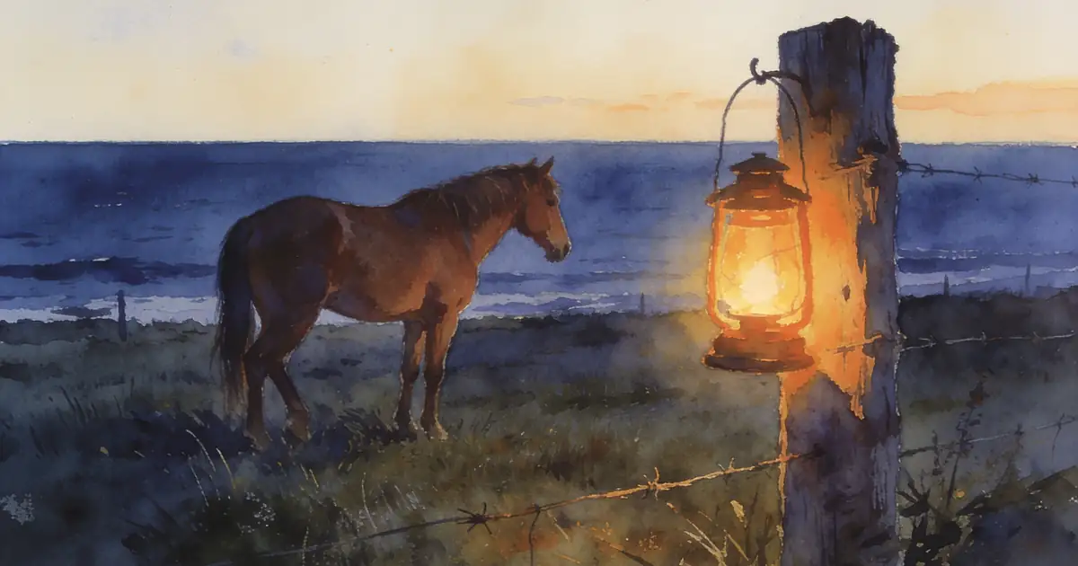 Illustration of a brown horse in a pasture by the sea at dusk beside a fence post with a hanging lantern