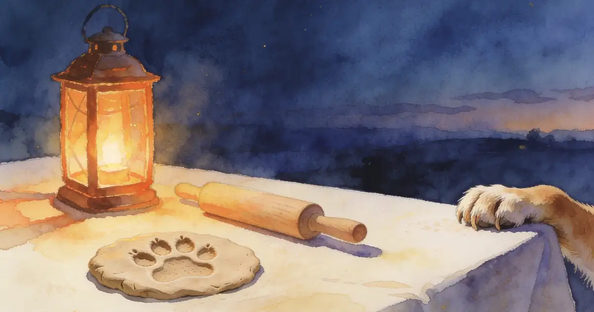 Illustration of a clay paw print impression, a rolling pin and a lantern on a table, with a dog's paw at the edge