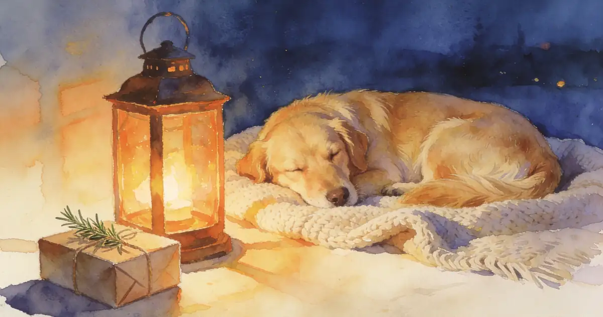Illustration of a small wrapped gift with a sprig of rosemary beside a lantern, with a sleeping golden dog on a wool blanket