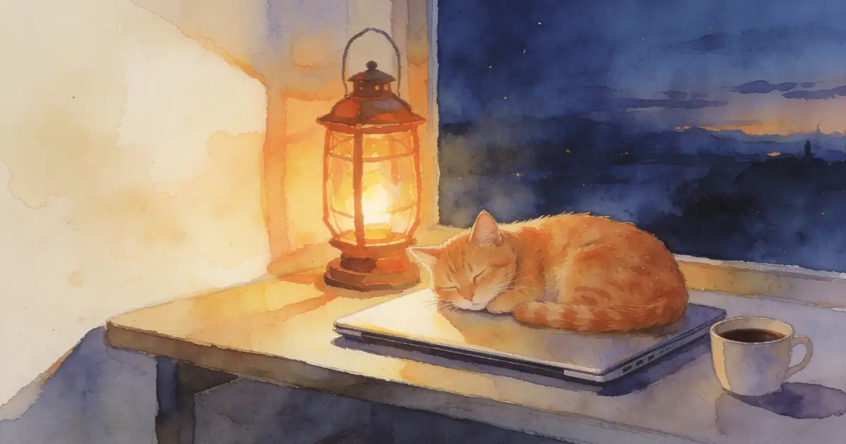 Illustration of an orange cat asleep on a closed laptop on a desk, with a lantern and a cup of coffee at dusk