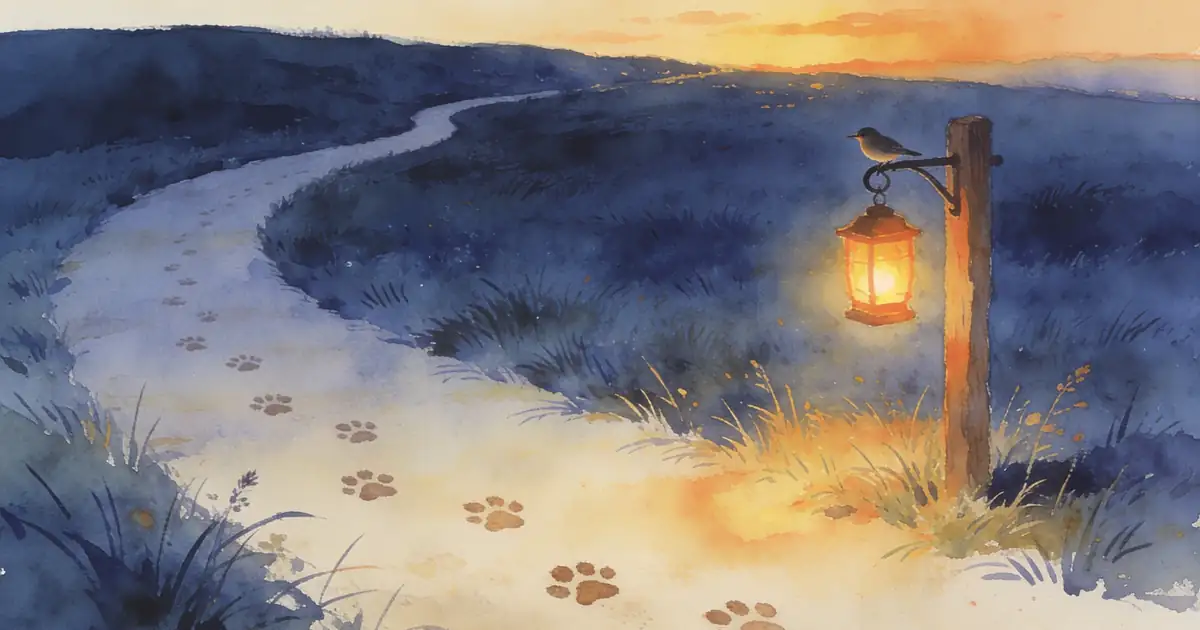 Illustration of a winding meadow path with paw prints, a lantern on a post and a small bird at sunset