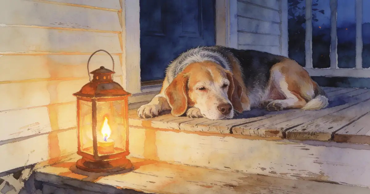 Illustration of an older beagle resting on a wooden porch step beside a glowing lantern at dusk