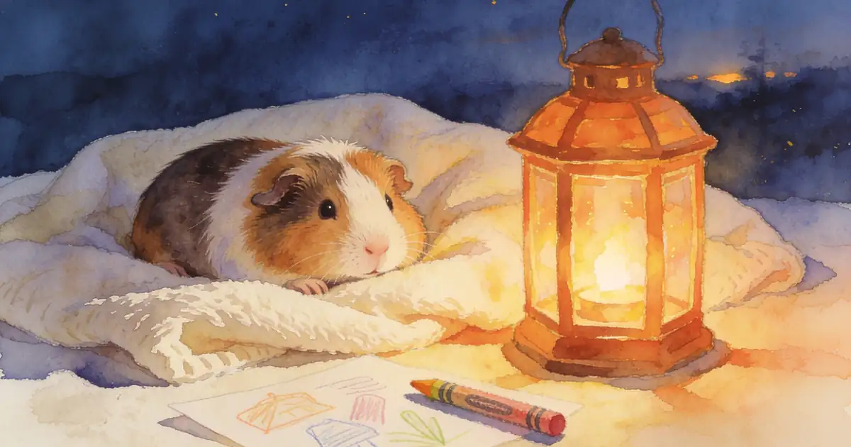 Illustration of a guinea pig resting on a cream blanket beside a lantern and crayon drawings