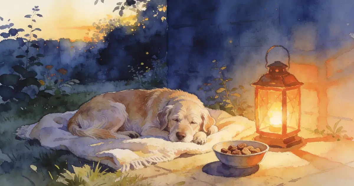Illustration of an elderly dog lying on a soft blanket in a garden at golden hour beside a lantern and a bowl of treats