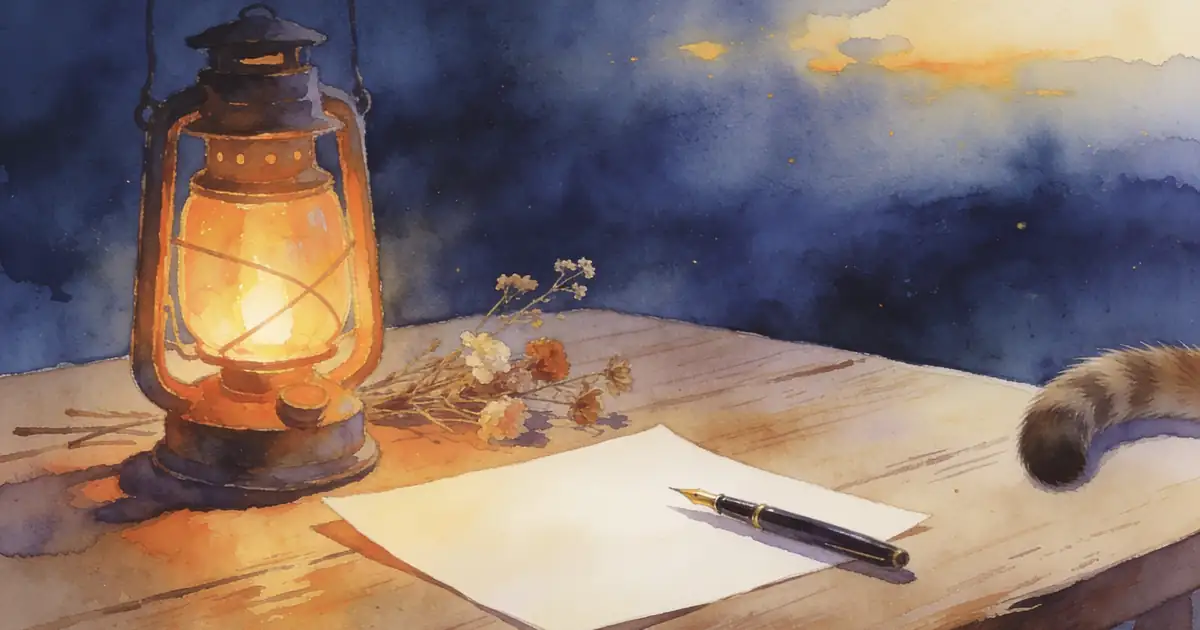 Illustration of a blank letter, a fountain pen, dried flowers and a lantern on a wooden table with a cat's tail at the edge