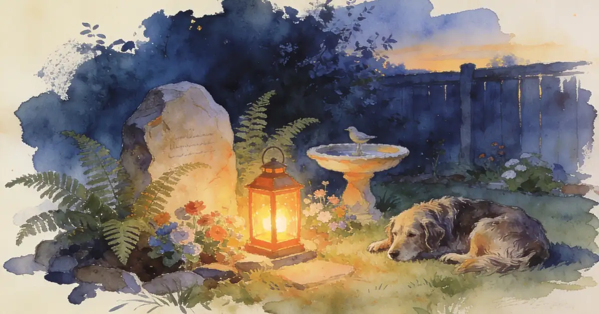 Illustration of a small quiet backyard memorial garden with a stone, flowers, a bird bath and a glowing lantern, with an old dog resting nearby