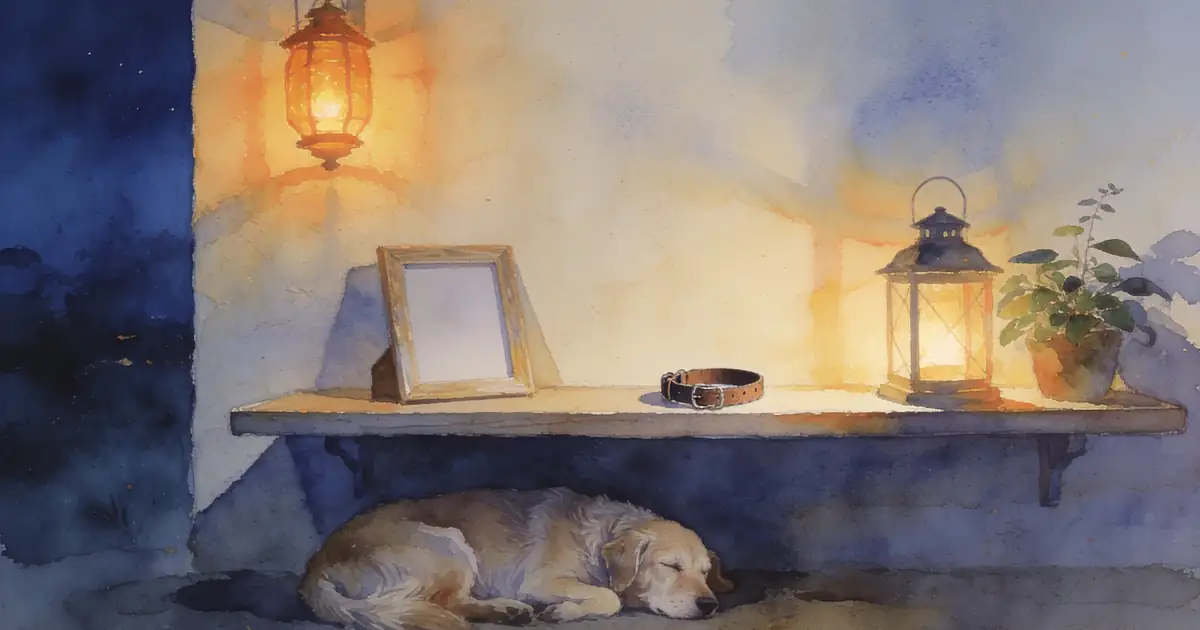 Illustration of a memory shelf with an empty frame, a dog collar, a plant and a lantern, with a senior dog asleep below