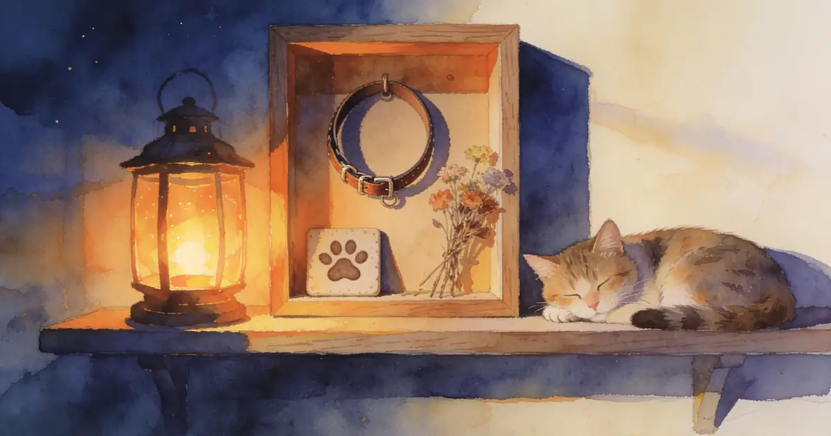 Illustration of a wooden shadow box holding a collar, a paw-print tile and dried flowers on a shelf beside a glowing lantern, with a sleeping cat