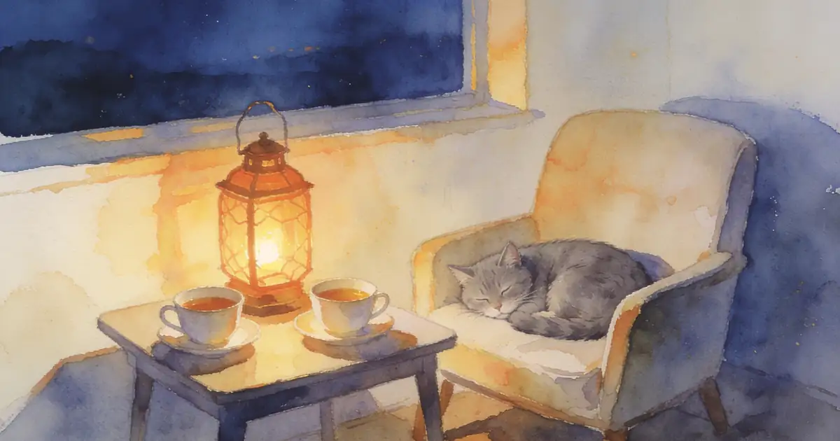 Illustration of two cups of tea and a glowing lantern on a small table, with a gray cat asleep in an armchair