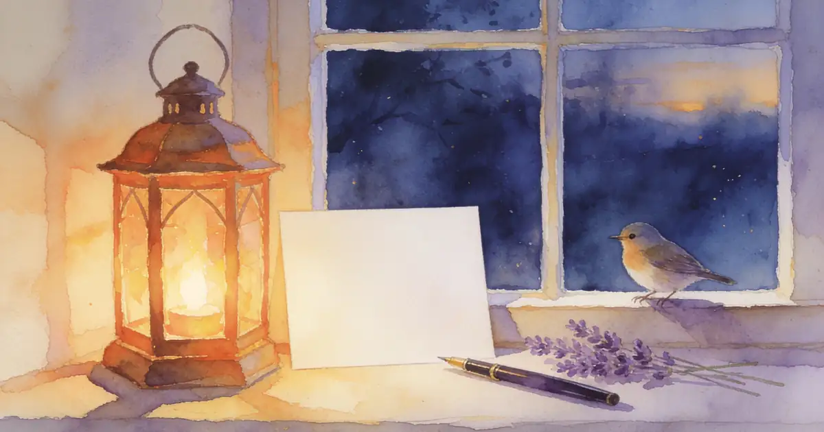 Illustration of a blank sympathy card beside a glowing lantern, a pen and lavender, with a small songbird on the window ledge